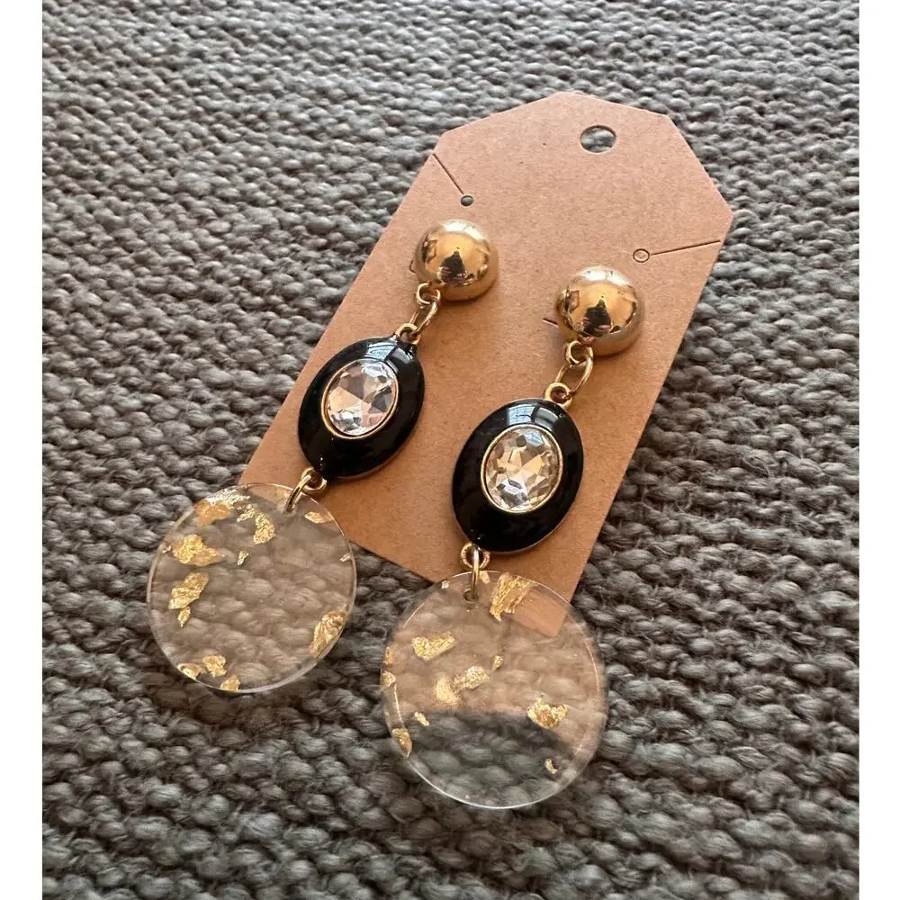Gold and Black Drop Earrings with Clear Acrylic Accent